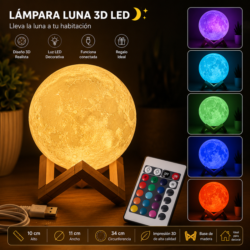 Lampara Luz Luna Led 16 Colores 15cm Con